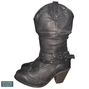 Dingo Black Slouch Studded Leather Boots Double Strap Women’s 6.5M NEW W/Tags
